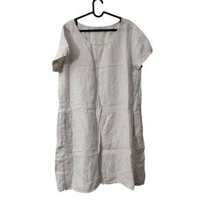James Perse White Gray Striped 100% Linen Short Sleeve Pockets Dress Womens XL